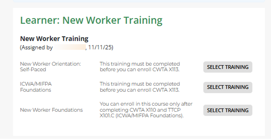 view from training portal of the new worker training bundle option that supervisors can assign to their workers. The three courses in this bundle include New Worker Orientation: Self-Paced, ICWA/MIFPA Foundations, and New Worker Foundations